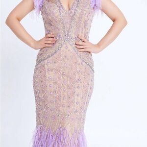 Lavender Beaded Prom Dress with Feather Details